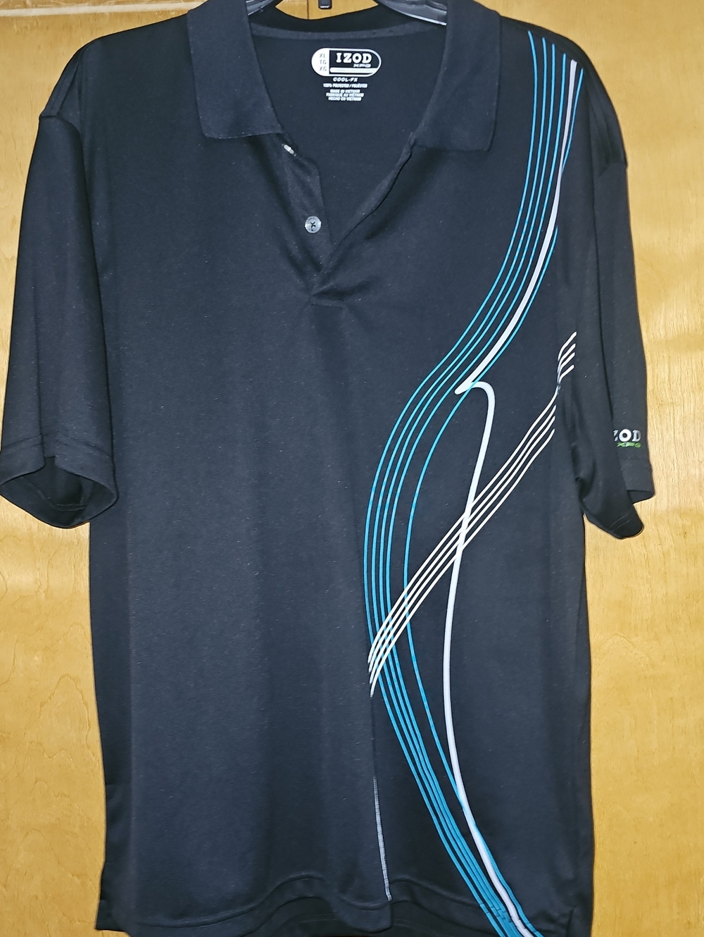Izod Black Polo with Blue and White Curved Stripe Accents